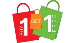 two shopping bags with the words buy 1 get 1 free on them, and one is for