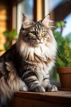 Photography of a maine coon cat proudly sitted in an interior setting. Cat Language, Beautiful Sights, Here Kitty Kitty, Kitty Kitty, Cat Illustration