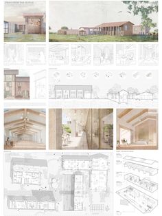 architectural drawings and renderings showing the various sections of a house with multiple rooms, including two