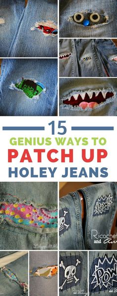 several pictures of jeans with holes in them and the words genius ways to patch up holey jeans