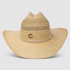 Introducing the 20X Hello Sunshine, the pinnacle of cowgirl couture. With a beautiful Ivory and wheat color this 20X shantung hat is paired with a woven rope hatband and charmed with a metal pin and white feather making it an essential addition to any cowgirl.    Brim: 4 1/4"  Crown: 4 5/8"  Color: Natural/Wheat  Material: Shantung Straw  Leather Sweatband White Toquilla Straw Hat For Western-themed Events, Custom Curved Brim Straw Hat For Rodeo, White Toquilla Straw Hat For Ranch, Cream Sun Hat With Curved Brim For Rodeo, Cream Panama Hat For Rodeo, Western Cream Straw Hat With Short Brim, Custom Flat Brim Straw Hat For Rodeo, Cream Western Straw Hat With Short Brim, White Straw Hat Bands For Ranch