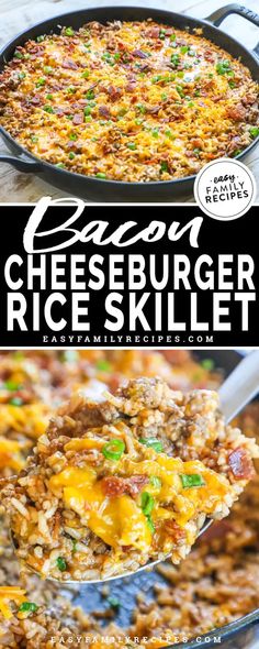 the cheeseburger rice skillet is loaded with ground beef and vegetables