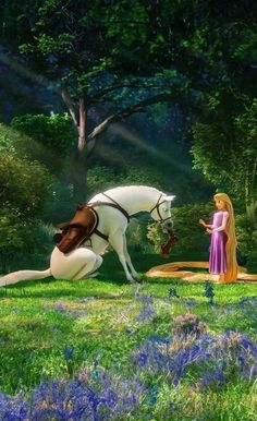 a girl is standing next to a horse in a field with bluebells and trees