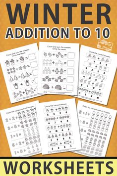 the winter addition to 10 worksheets is shown in black and white, with an orange background