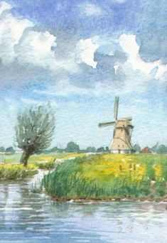 a painting of a windmill in the water