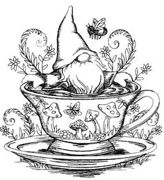 an ink drawing of a teacup with a gnome's hat on top and flowers around it