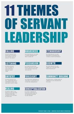 the 11 themes of serrantt leadership in an info sheet, with blue and white