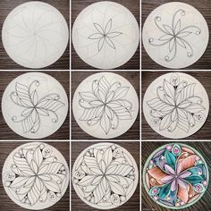 four pictures of different designs on white paper with colored pencils and marker pens in them