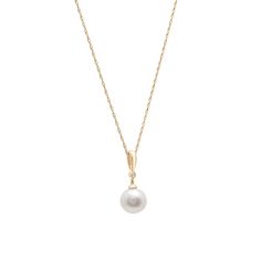 This exquisite 10K yellow gold pendant necklace is an elegant addition to any jewelry collection. It features a single, lustrous round cultured freshwater pearl, measuring 8MM, that exudes timeless beauty. Complementing the pearl is a round brilliant cut diamond, securely set in a bezel, adding a touch of sparkle and sophistication. This necklace is perfect for both everyday wear and special occasions. | Freshwater Cultured Pearl and Diamond Accent Pendant Necklace | 10K Yellow Gold | Size 18" | Helzberg Diamonds Classic Pear Shaped Birthstone Necklace, Classic 14k Gold Necklace With Pearl Pendant, Formal 14k Gold Pearl Necklace With Round Pendant, Classic 14k Gold Necklace With Pearl Charm, Classic 14k Gold Pendant Pearl Necklace, Classic 14k Gold Pearl Necklace For Anniversary, Classic Pearl Necklace With Round Pendant For Anniversary, Classic Round 14k Gold Pearl Necklace, Elegant Pearl Birthstone Necklace