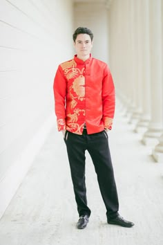 "An exquisite and comfortable red jacket decorated with a gold dragon to symbolize good luck for the marriage. This changshan is the male equivalent of the classic red cheongsam. Matches well with the Emma and Amal Dresses (https://eastmeetsdress.com/collections/modern-cheongsams/products/emma-bespoke-dress). Check out our other jackets and changshans at www.eastmeetsdress.com. The Details: - Mandarin collar with frog buttons - Made of brocade fabric - Breathable, comfortable formal wear - Full Cheongsam Men, Chinese New Year Outfit, Red Cheongsam, Chinese Jacket, Shang Dynasty, Traditional Chinese Wedding, Brides Dress, Chinese Wedding Dress, Tang Suit