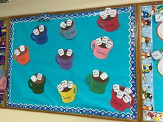 two bulletin boards with coffee cups on them