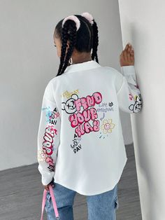 Tween Girl Oversized White Shirt With Graffiti And Bear Pattern White Casual  Long Sleeve Woven Fabric Animal,Cartoon,Floral,Letter,Plants,Slogan Shirt Non-Stretch  Tween Girls Clothing, size features are:Bust: ,Length: ,Sleeve Length: Long Sleeve Cartoon Print Relaxed Fit Shirt, Long Sleeve Shirt With Cartoon Print For Spring, Casual Fall Shirt With Cartoon Print, Relaxed Fit Long Sleeve Shirt With Cartoon Print, Oversized Long Sleeve Top With Character Print, Spring Casual Shirt With Cartoon Print, Multicolor Long Sleeve Shirt With Cartoon Print, Spring Cartoon Print Relaxed Fit Shirt, Spring Cartoon Print Streetwear Shirt