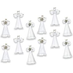 twelve clear glass angel figurines with gold accents on each side and one in the middle