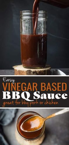 an image of homemade barbecue sauce being poured into a jar with the words easy vinegar based bbq sauce