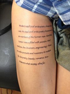 a woman's thigh with a poem written on the back of her leg in cursive writing