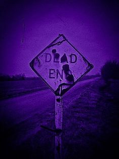 a street sign that says dead end in front of a purple sky with the word dead end written on it