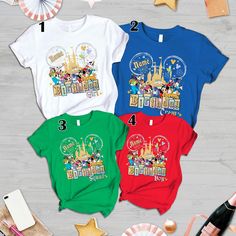 three t - shirts with disney world images on them