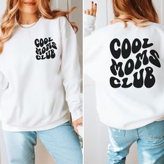 "Jump on several trends with this cozy sweatshirt featuring a retro wavy font, front and back printed designs, and \"Cool Moms Club\" phrase. This popular style sweatshirt would make the ideal gift for Mother's Day, birthday, or any time! Offered in your choice of eleven flattering colors, this comfy  sweatshirt would make an ideal addition to any Mom's wardrobe! - 50% cotton/50% polyester blend - Loose unisex fit - Medium-heavy fabric - Sewn-in label HOW TO ORDER Please select your desired SIZE from the first drop-down menu and your desired COLOR from the second drop-down menu, then select ADD TO CART. Please refer to the size and color charts and send me a message with any questions prior to purchase.  CARE INSTRUCTIONS Machine wash cold, inside out, on gentle cycle with mild detergent a Trendy Graphic Print Sweatshirt For Winter, Retro White Sweatshirt For Winter, Retro White Winter Sweatshirt, White Retro Winter Sweatshirt, Trendy Relaxed Fit Sweatshirt, Retro Crew Neck Sweatshirt With Text Print, Retro Long Sleeve Sweatshirt With Letter Print, Cool Cotton Crew Neck Sweatshirt, White Retro Sweater With Letter Print