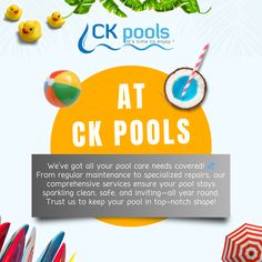 an advertisement for the ok pools event with colorful umbrellas and beach balls in front of them