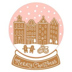 a snow globe with buildings and a bicycle in the center, merry christmas written inside