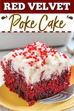 a red velvet poke cake on a yellow plate