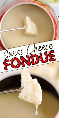 cheese fondue being dipped into a bowl with a spoon