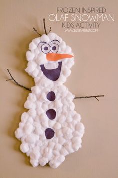 a snowman made out of yarn with the words frozen inspired olaf snowman kids activity