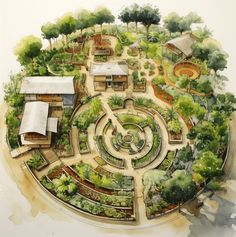 an artist's rendering of a garden in the shape of a circular structure with trees and buildings around it