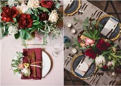 the table is set with red and white flowers, silverware, and napkins