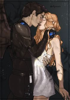 a man and woman kissing each other in front of a black background with blue stars