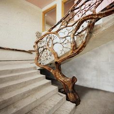 a tree branch on the top of a stair case