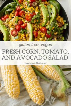 fresh corn, tomato and avocado salad in a black bowl with text overlay