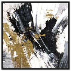 an abstract painting with black, white and gold paint strokes on the canvas in a black frame