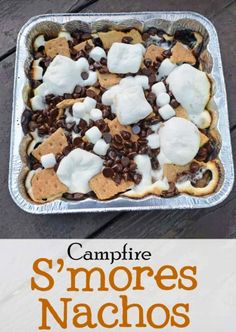 campfire s'mores nachos recipe with marshmallows and chocolate chips