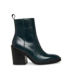 LINA Green Leather Block Heel Bootie | Women's Booties – Steve Madden Square Toe Heels, Leather Booties, Green Leather, 10 Inch