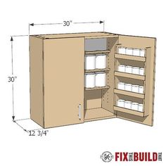 a drawing of an open cabinet with white containers in it and measurements on the side