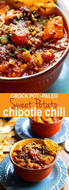 two pictures with different types of food in them and the words crock pot - paleo sweet potato chili