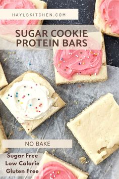 sugar cookie protein bars with pink frosting and sprinkles on the top