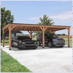 two cars are parked under a wooden carport