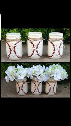 four mason jars with flowers in them