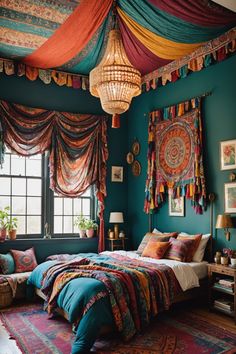 a bedroom decorated in bright colors with colorful drapes on the ceiling and curtains hanging over the bed