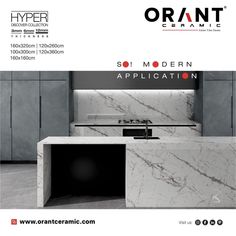 an advertisement for a modern kitchen with marble counter tops