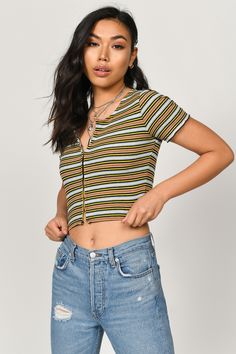 Safe To Say We'Re Hooked On The Billie Rib Knit Stripe Hook & Eye Crop Top. Feel All Kinds Of Retro Vibes With This Short Sleeve Crop Tee, Featuring Gorgeous Stripes, A Scoop Neck, And Front Hook Closures. Wear This Stripe Print Tee With A Button Down Skirt Or Mom Jeans! Stripe Crop Top Outfit, Skin Tight Dresses, Strappy Crop Top, Dresses Tight, Wear Crop Top, Crop Top Skirt, Sunshine Yellow, Crop Top Outfits, Bold Stripes