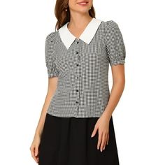 This plaid retro vibe blouse lends a sweet look and looks fresh all season long. Features short puff sleeves, button cuffs, and a contrast collar that completes the vintage look. V-neckline, which can show your superb necklace. Short Puff Sleeve with chiffon fabric perfectly retouch your arm, classic design, retro and elegant. Pair it with solid-colored pants or a skirt for a chic ensemble. The model is wearing a junior size Small. Measurement (in inches) INTL Size------Chest Girth-----Waist Gir Contrast Collar Shirt, Short Puff Sleeve, Colored Pants, Tops Black, Contrast Collar, Puff Sleeve Blouse, Black Xs, Collar Shirt, Retro Vibe