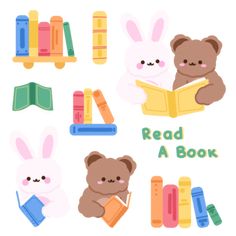 an animal reading a book with bookshelves in the background and some bunny on it