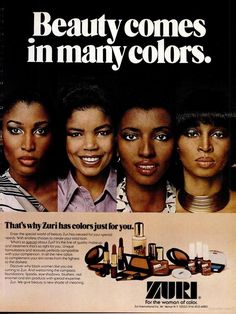 an advertisement for zuri cosmetics featuring four women