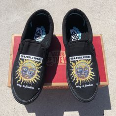 Rock out with these custom Sublime all black slip on vans. We buy each pair of shoes BRAND NEW. Each pair is made to order, please make sure you put in the correct shoe size before you check out. The ink is permanent and will never come off, fade away, or peel off. Made in the USA. This price includes everything: shoes and artwork. Each pair of shoes is made-to-order and takes 2-3 weeks to ship usually. Because the artwork is custom-made for you, there are no exchanges or returns. Please know yo Black Slip On Vans, Slip On Vans, Black Slip On, Shoes Brand, Black Slip Ons, Vans Classic Slip On Sneaker, Slip Ons, Shoe Brands, All Black