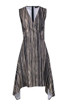 Current Boutique-Donna Karen - Cream & Navy Stripe Sleeveless Dress Sz 4 Formal Sleeveless Dress With Asymmetrical Hem For Spring, Striped Sleeveless Formal Dress, Asymmetrical Sleeveless Dress For Spring Workwear, Elegant Striped A-line Midi Dress, Expensive Clothes, Striped Sleeveless Dress, American Fashion Designers, Sandal Heels, Buy Shoes Online