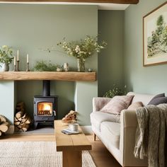 a living room filled with furniture and a fire place in front of a wood burning stove