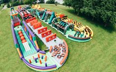 an aerial view of a large inflatable water park